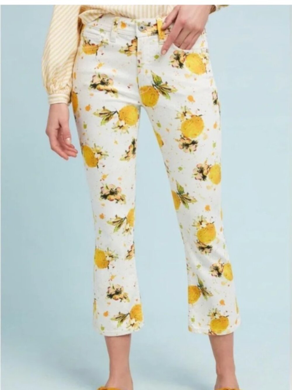 Pilcro & The Letterpress Lemon Print Cropped Flare Pants Size 28